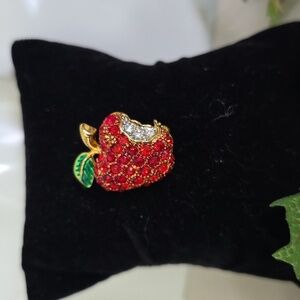Gold Small Rhinestone Red Apple Brooch Pin